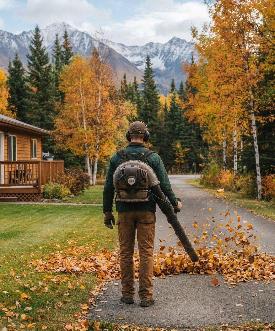 Leaf blower clearing fall leaves off a driveway
